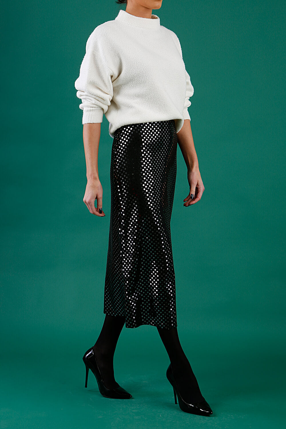 Starlet Stretch Sequin Midi Skirt in Black – Diva Catwalk, image 1