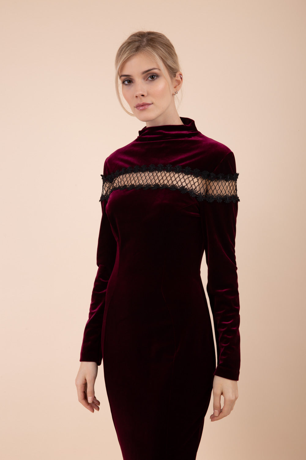 Trocadero Long Sleeve Velvet Pencil Dress in Burgundy – Diva Catwalk, image 3